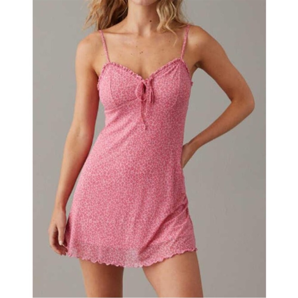 NWT American Eagle Dress Babydoll Mini Mesh Pink Floral Ditsy Y2K Romantic M